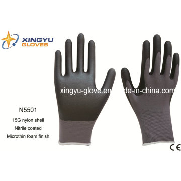 Gants de travail de sécurité en mousse de microthine recouverts de nitriles en nylon (N5501)